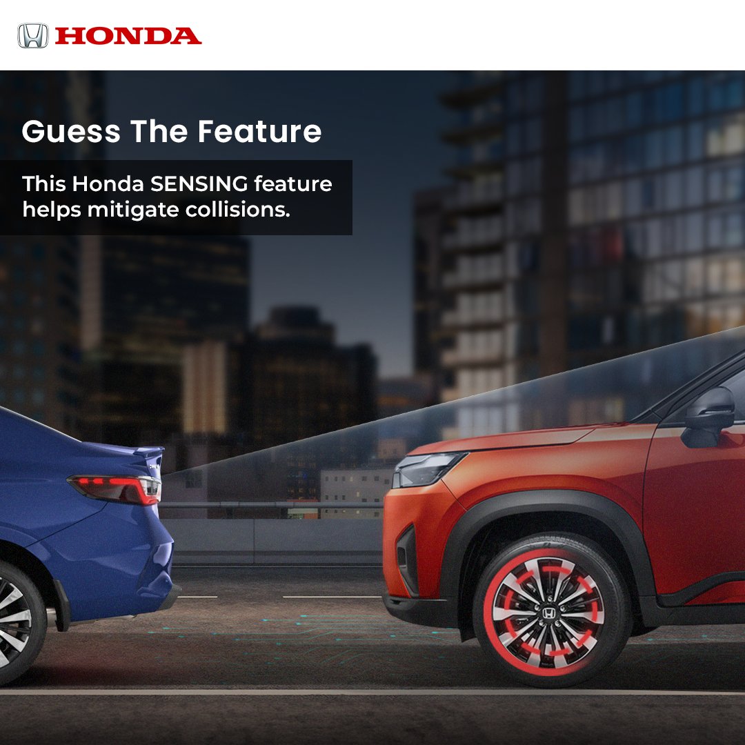 Q3. Share your answer in the comments and participate in the #HondaSENSINGChallenge.

Which is the correct answer?
A) Collision Mitigation Braking System
B) Lead Car Departure Notification System
C) Auto High Beam

#HondaContest #HondaCarsIndia #HondaCars