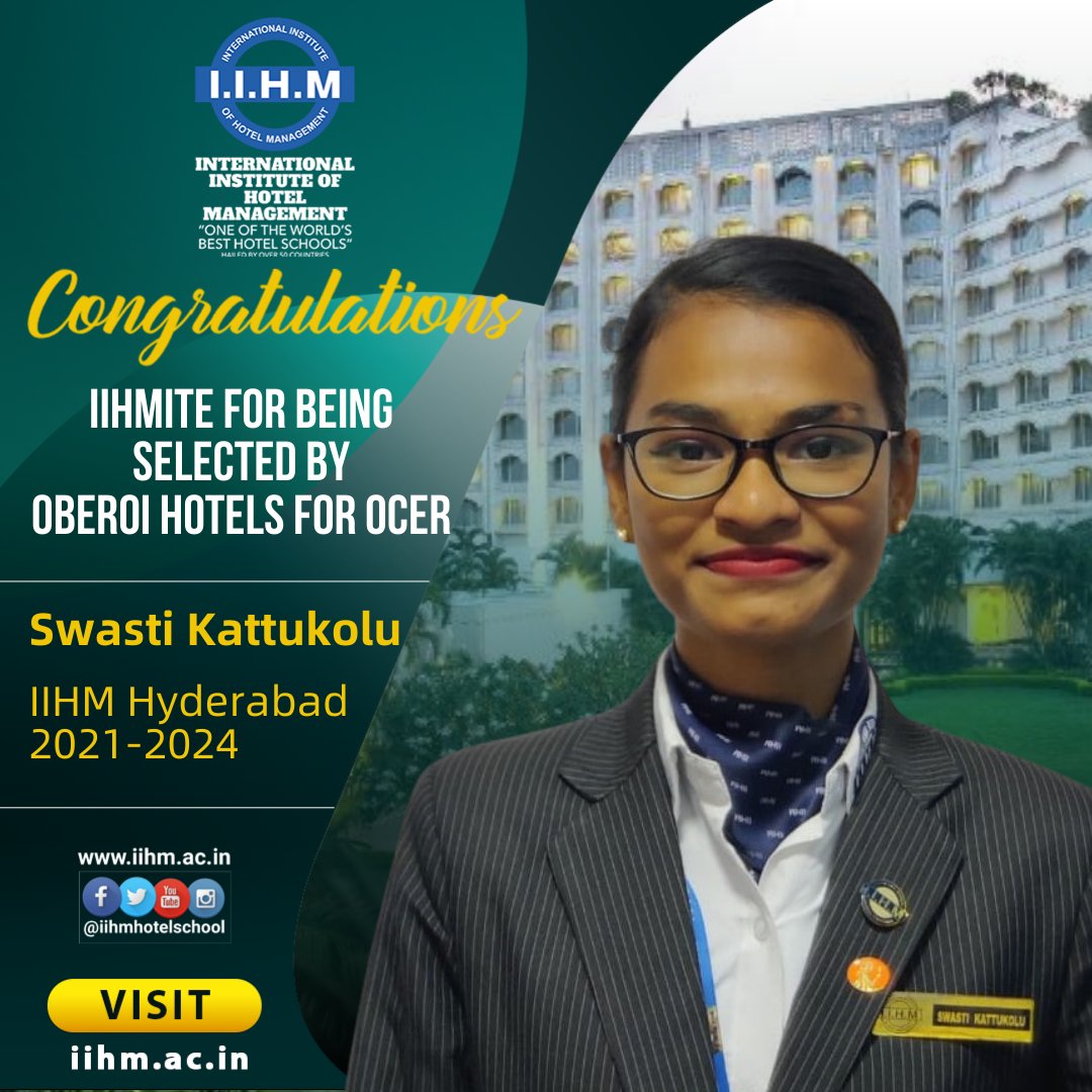 IIHM Hyderabad Congratulates @kattukoluswasti for being Selected for OCER by Oberoi Hotels!
#iihm #iihmhyderabad #iihmhotelschool #placements #hotels #oberoi