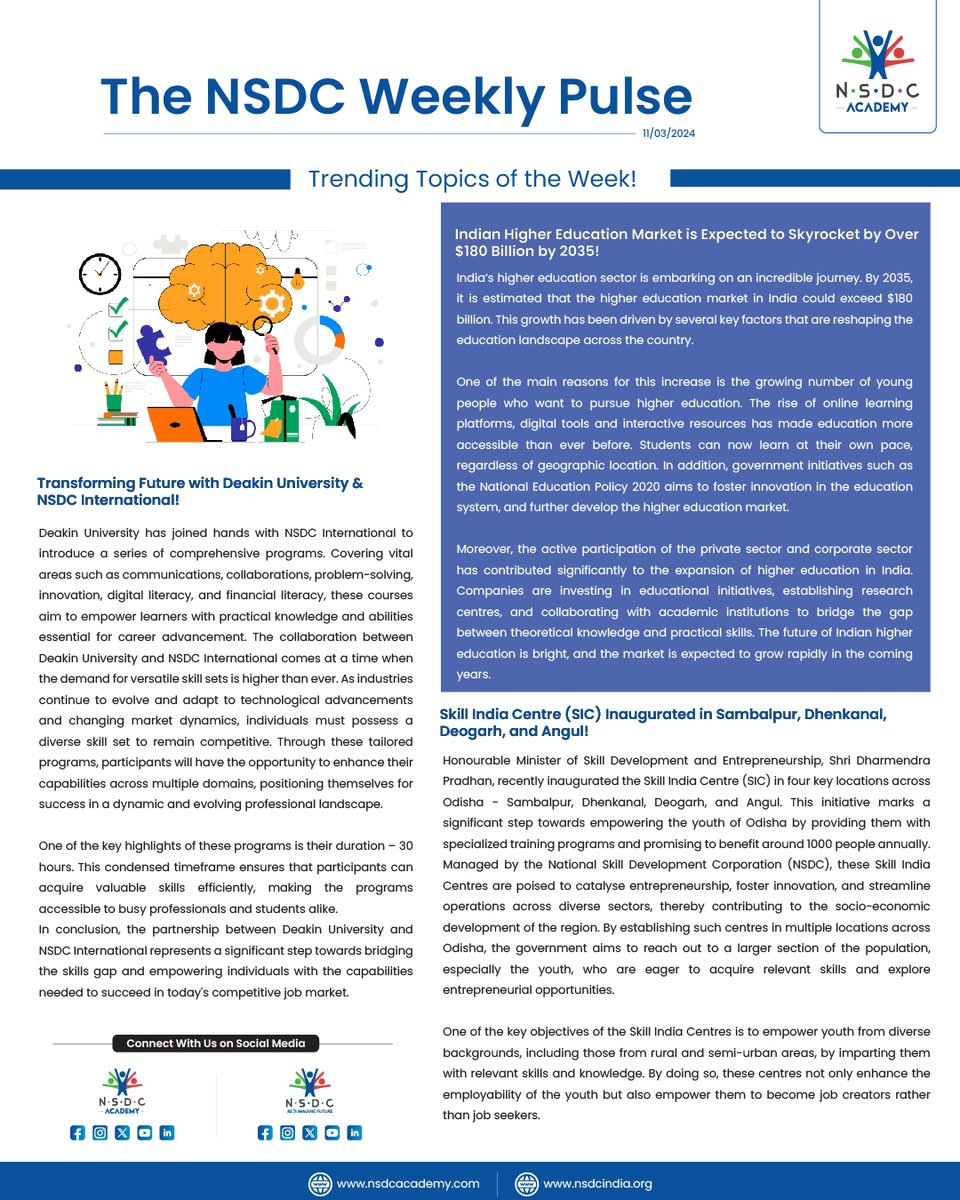 See how Deakin University & NSDC International are shaping the future. Learn about India's growing higher education market and new Skill India Centres. Join us weekly for insights into education and skills!

#nsdc #nsdcacademy #nsdcinternational #edtech  #deakinuniversity