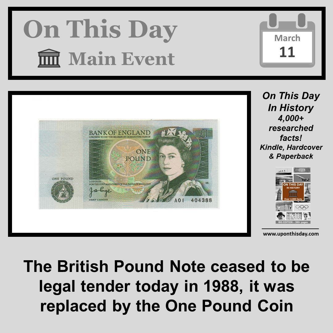 uponthisday's tweet photo. #OnThisDay Main Event #OTD
The #BritishPoundNote ceased to be legal tender in 1988, it was replaced by the #OnePoundCoin
More here https://t.co/qJYxLm8rx9
Also on #Kindle #Ad - https://t.co/qBJuOEx1xZ
In #Paperback and #Hardcover https://t.co/nxSr5vgYTj