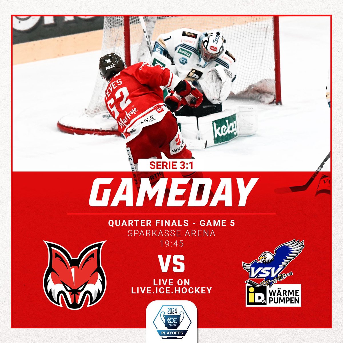 ⚪️🔴 𝗚 𝗔 𝗠 𝗘 𝗗 𝗔 𝗬 ⚪️🔴 🏆 Playoffs QF - Game 5 📍 Sparkasse Arena ⏰ 19:45 🆚 @ecvsv 🎫 Online tickets: bit.ly/TicketsHCB 💻 PPV-Livestream on live.ice.hockey #gofoxes #cuorebiancorosso #noisiamobolzano #mirseinbozen