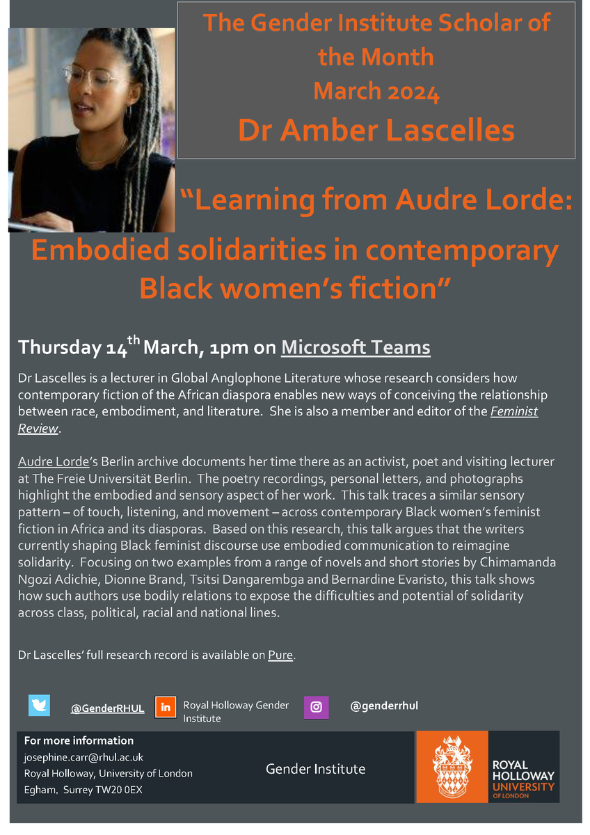 Don't miss Dr Amber Lascelles' Scholar of the Month speaker session on Thursday 14th March at 1pm on Teams - please contact Josephine.carr@rhul.ac.uk for the link.