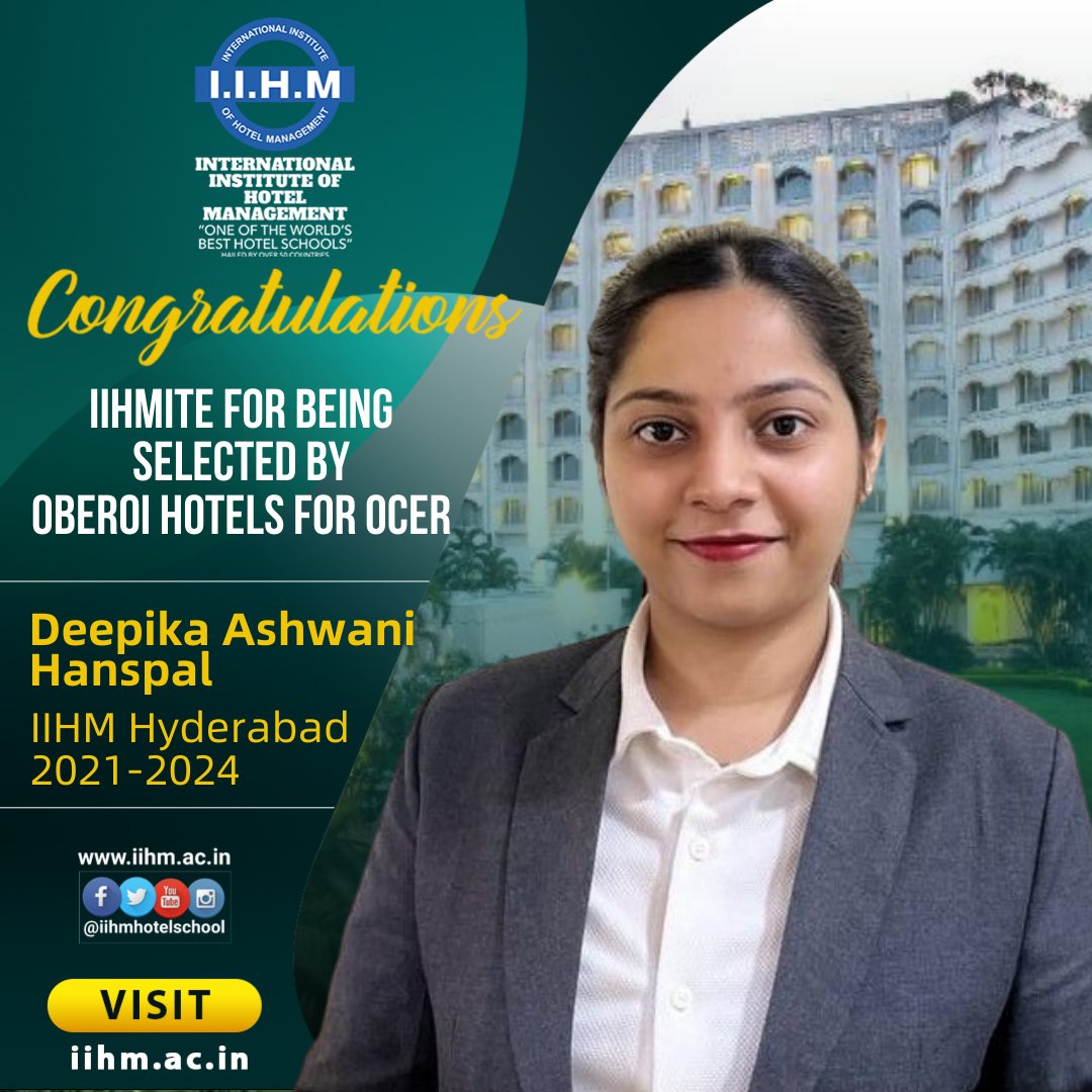 IIHM Hyderabad Congratulates Deepika Ashwani hanspal for being Selected for OCER by Oberoi Hotels!
#iihm #iihmhyderabad #iihmhotelschool #placements #hotels #oberoi