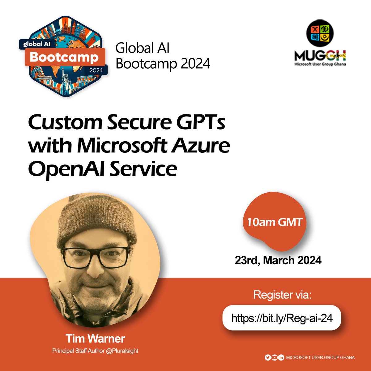 We are super excited to announce 
Global AI Bootcamp 2024. We are hosting Tim Warner to deliver his session on Custom secure GPTs with Microsoft Azure OpenAI Service. 

RSVP : lnkd.in/eUZFMTTM

#AI #Microsoft #viral #GlobalAIbootcamp
