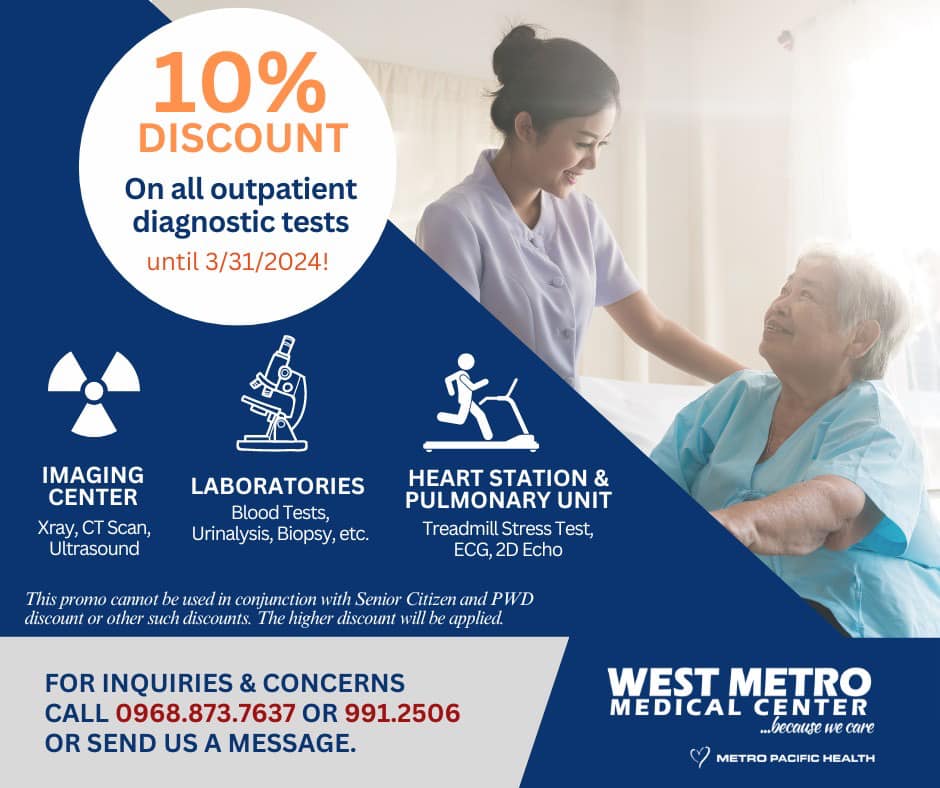 WestMetro15's tweet photo. Discount of 10% on all outpatient diagnostic tests at the imaging center, laboratories and heart and pulmonary units.

No questions asked.

#BecauseWeCare #WestMetroMedicalCenter #theheartorfilipinohealthcare https://t.co/co2ND8ey3F