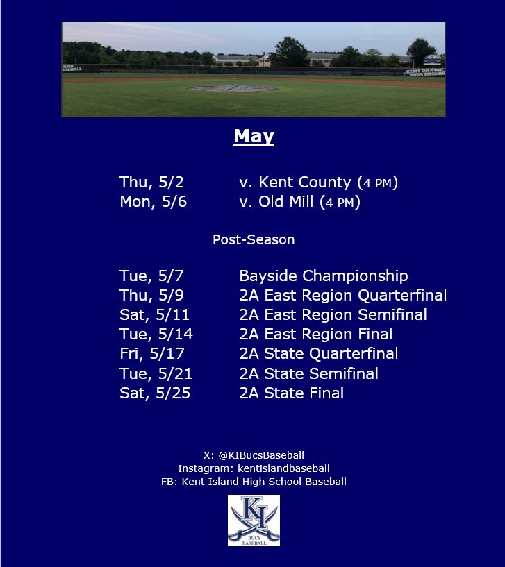 2024 Kent Island High School Varsity Baseball Schedule. 
Come out to the park this spring and take a look at this talented group of young men.
