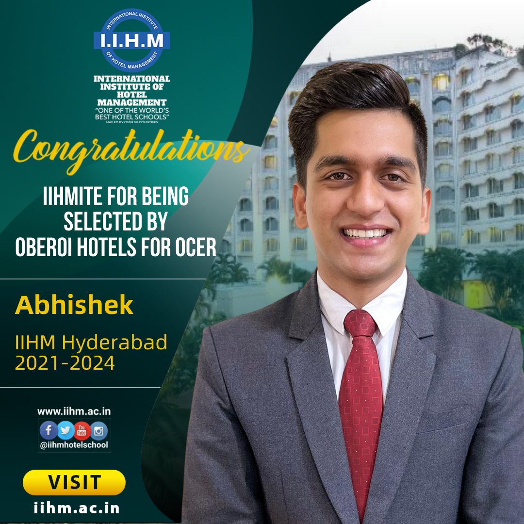 IIHM Hyderabad Congratulates Abhishek for being Selected for OCER by Oberoi Hotels!
#iihm #iihmhyderabad #iihmhotelschool #placements #hotels #oberoi