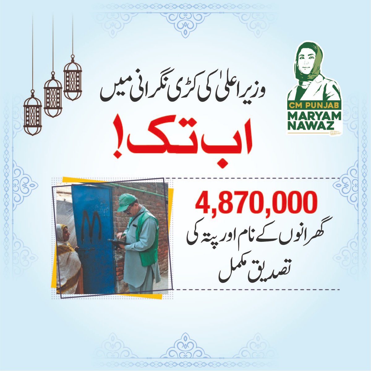 "وزیراعلیٰ کی کڑی نگرانی میں اب تک"

4,870,000 گھرانوں کے نام اور پتہ کی تصدیق مکمل