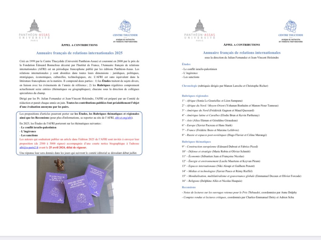 julian fernandez (@julio_fz) on Twitter photo 👉🏼 Notre nouvel AAC pour le prochain Annuaire français de relations internationales <a href="/AssasUniversite/">Panthéon-Assas université</a> N’hésitez pas à proposer un papier pour l’une des 3 études mises à l’honneur (situation en Palestine, ingérences, sanctions) ou bien pour nos rubriques traditionnelles! <a href="/AfriThucy/">Centre Thucydide / AFRI</a> 👉🏼 Notre nouvel AAC pour le prochain Annuaire français de relations internationales <a href="/AssasUniversite/">Panthéon-Assas université</a> N’hésitez pas à proposer un papier pour l’une des 3 études mises à l’honneur (situation en Palestine, ingérences, sanctions) ou bien pour nos rubriques traditionnelles! <a href="/AfriThucy/">Centre Thucydide / AFRI</a>