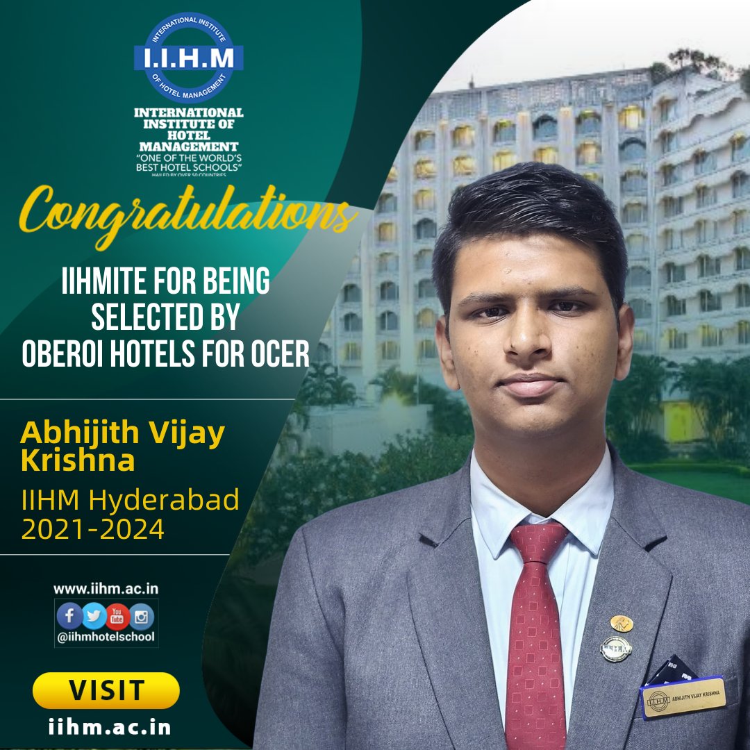 IIHM Hyderabad Congratulates Abhijith Vijay Krishna for being Selected for OCER by Oberoi Hotels!
#iihm #iihmhyderabad #iihmhotelschool #placements