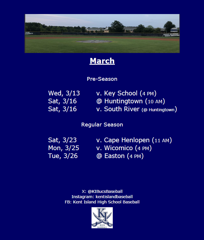 KIBucsBaseball's tweet photo. 2024 Kent Island High School Varsity Baseball Schedule. 
Come out to the park this spring and take a look at this talented group of young men. https://t.co/zbY49QE65h