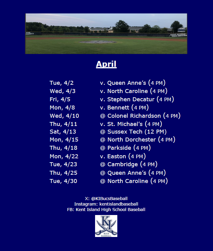 KIBucsBaseball's tweet photo. 2024 Kent Island High School Varsity Baseball Schedule. 
Come out to the park this spring and take a look at this talented group of young men. https://t.co/zbY49QE65h