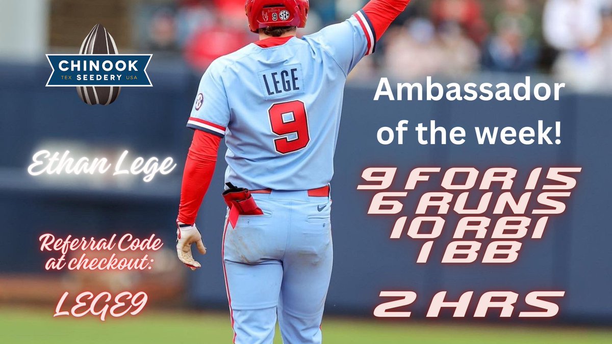 Congratulations to @_ethanlege our Chinook Ambassador of the Week! Pretty much impossible this past week to get him out as he batted .600 helping @OleMissBSB finish 4-0! Help directly support this young man by using referral code: Lege9 at checkout! #HottyToddy