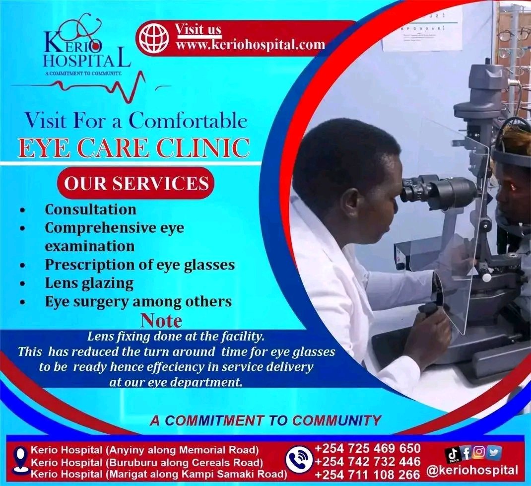 At Kerio Hospital, you will find a personalized and specialized eye care you need to treat your condition and improve your vision.Visit for a comfortable eye care clinic.
#healthcare
#eyecareprofessionals
#eyecare
#behealthy
#EyeCareMatters
#eyecarespecialist