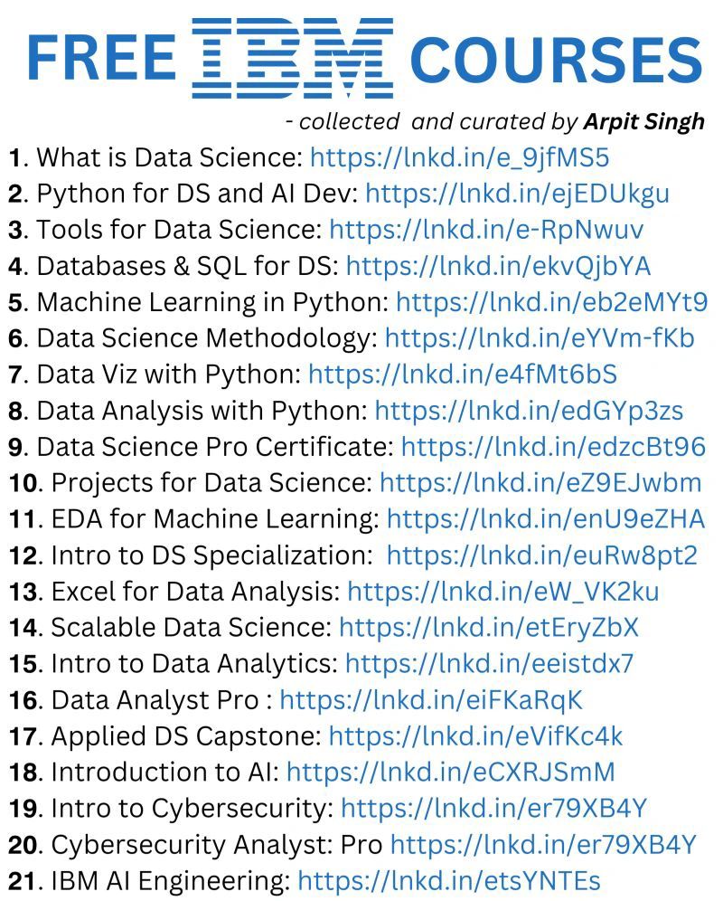 20+ Free IBM Courses

Save 1000s of dollars.

If you are looking for free courses about AI/ML and Data Science, I have compiled the 20+ Best IBM Courses that I found super high quality and helpful.

𝟭. What is Data Science: coursya.com/product/what-i…
𝟮. Python for DS and AI Dev: