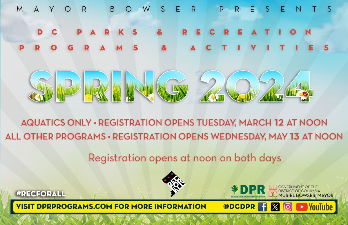 DCDPR's tweet photo. Time has sprung forward and DPR Spring Programs have snapped back! 
Registration opens at NOON Tues. (Aquatics) + Wed. (All).
🏊Water Fitness
Ballet + Hip-Hop.
🤸‍♀️Spring Break Camps 
Senior and teen-centered programs
🌳Environmental and more!
https://t.co/KfEMnp00Af #RECforALL https://t.co/t0k38sAmK3