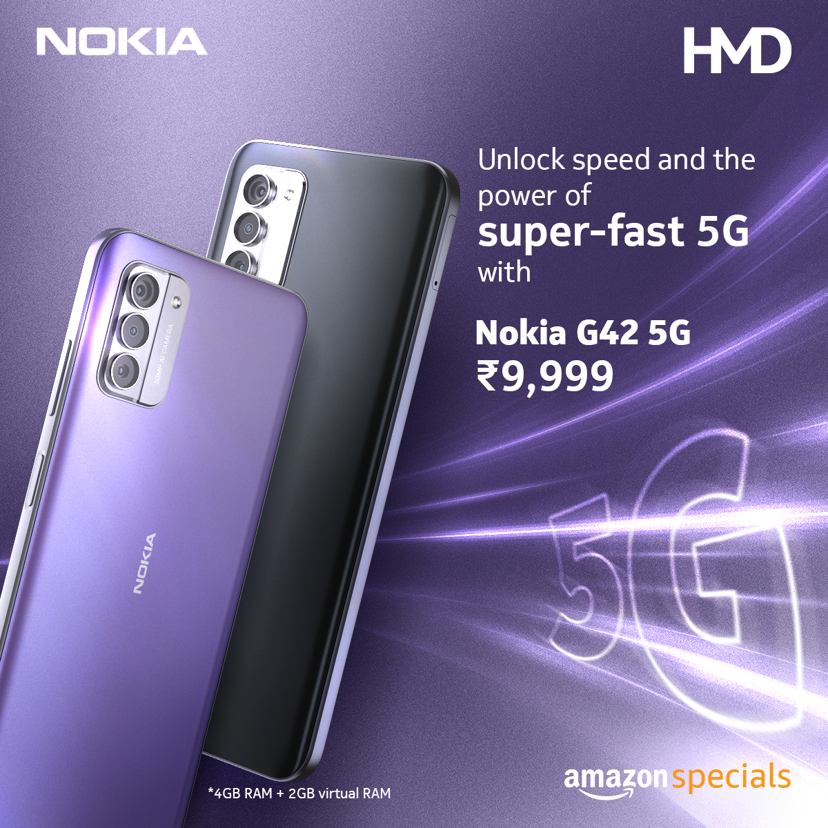 HMDdevicesIN's tweet image. A true super-fast 5G experience awaits you with the Nokia G42 5G. Now open web pages faster, play games without any lags and speak to your loved ones on the go. Get your hands on it today exclusively at Amazon bit.ly/48KazxB

#NokiaG42_5G #NokiaSmartphones #MoveFast