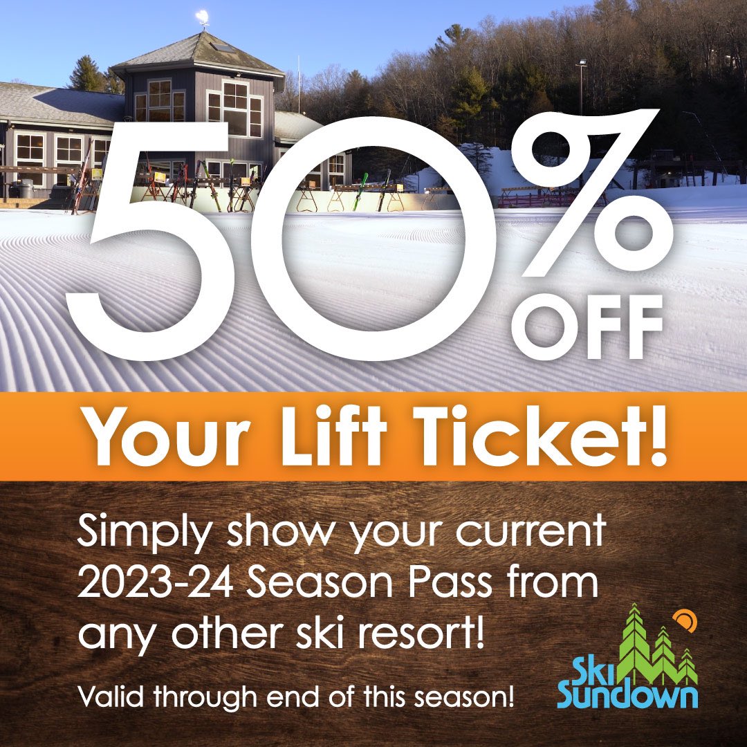 Must show pass at ticket windows to redeem offer. Not available online. Good for one ticket per day, per customer. Visit skisundown.com for our conditions report and to view our live webcam. We are currently 100% open!