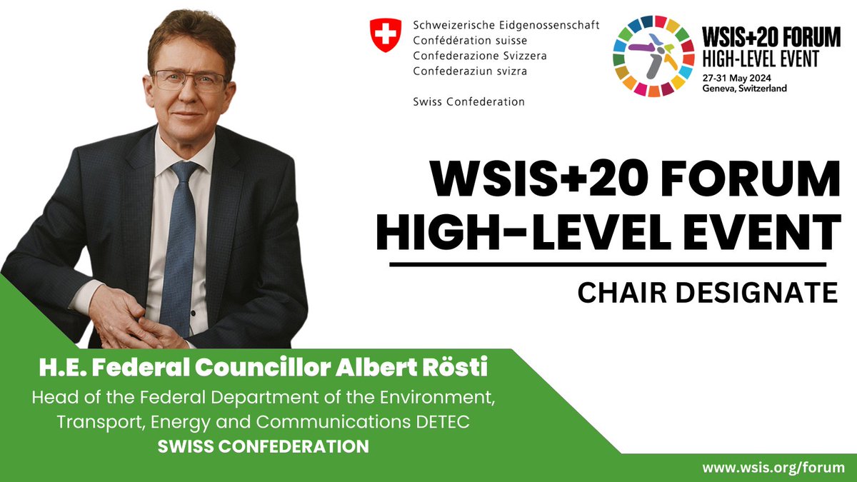 📣!! EXCITING NEWS!! Thrilled to announce that Federal Councillor #AlbertRösti Head of @UVEK_DETEC of the Swiss Confederation will chair #WSIS+20 Forum High-Level Event. Chair Designate appointment will be held on Monday 27 May 2024 ℹ️ Register NOW itu.int/go/KI6V