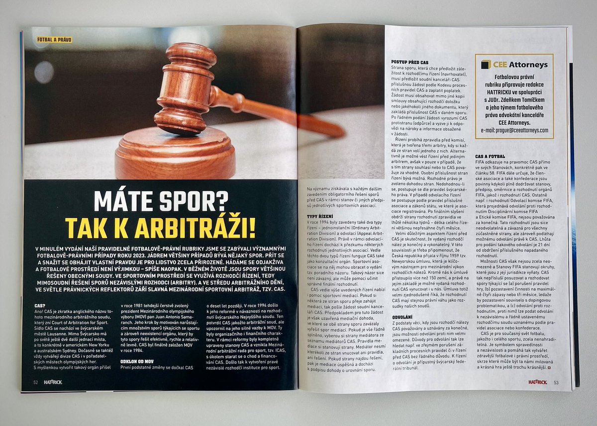 ZdenekTomicek's tweet photo. CAS! V aktuálním čísle @Hattrickczsk se v rámci @CEE_Attorneys pravidelné rubriky fotbalového práva můžete seznámit s #CAS - Mezinárodní sportovní arbitráží.
#pravo #fotbal #arbitraz #spory https://t.co/n63WXDdD0C