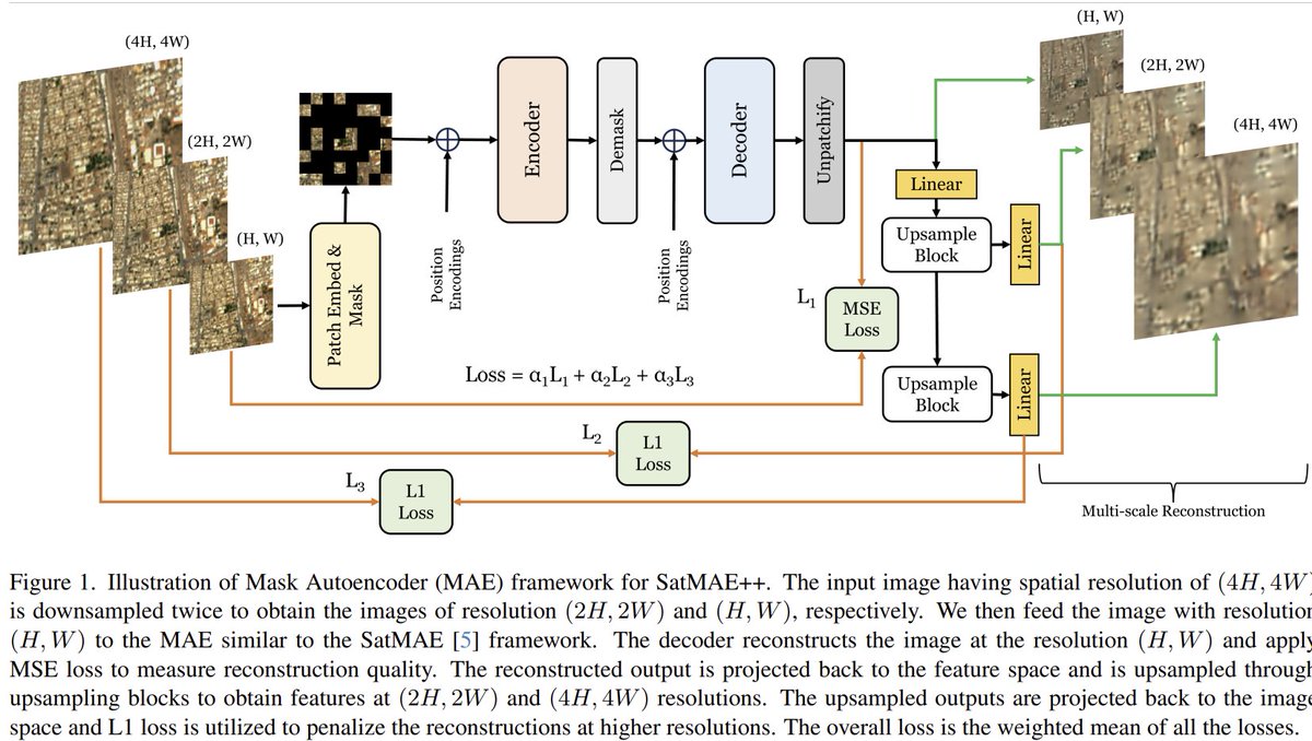 valeriomarsocci's tweet photo. #8 SatMAE++
SatMAE++ performs multiscale pretraining and utilizes convolution-based upsampling blocks to reconstruct the image at higher scales
a note: we should start including segmentation in benchmarks
https://t.co/iWnZf7bsoe
#50papers #AI4EO #remotesensing #deeplearning https://t.co/qVIE3jO8NY