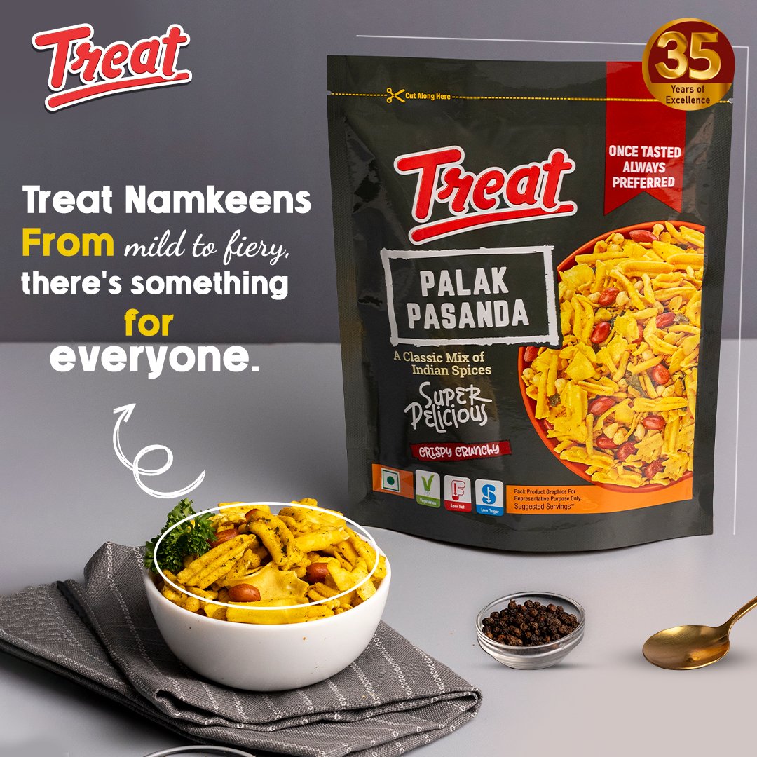 Treat Namkeens from Mild to Fiery, there's something for everyone. 😋✨
.
.
.
.
#Treat #dilboletreat #PalakPasanda #namkeentime #snacktime #PalakFlavor #CrunchyDelight #SpicySnacks #TreatTime #Munchies #SnackHeaven #FoodieFaves #SavorTheFlavor #TastyTreats