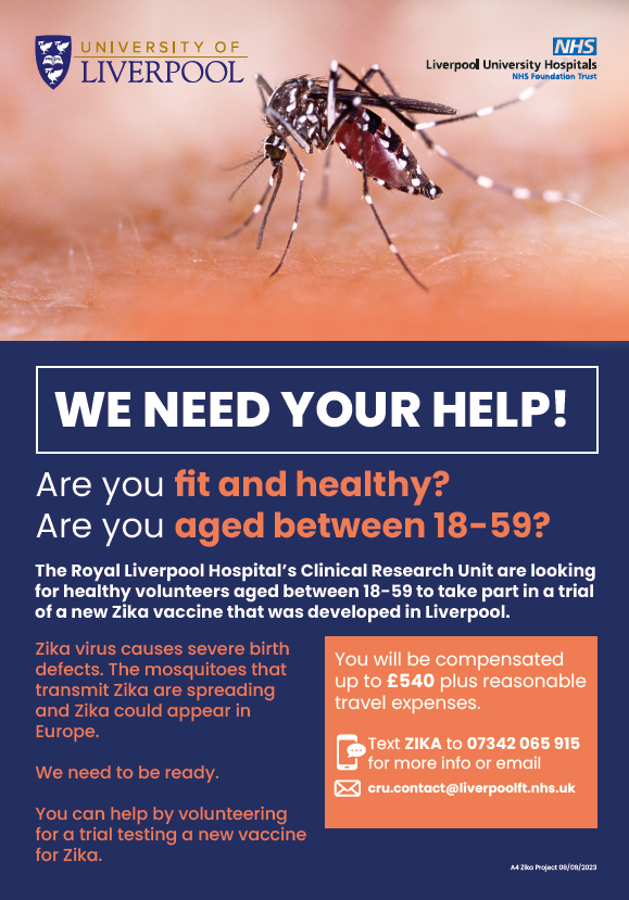 Our partners over at @LivUni_IVES and @NIHRCRF_Lpool are recruiting for trials on a new Zika vaccine clinicalresearchliverpool.nihr.ac.uk/volunteer/open…