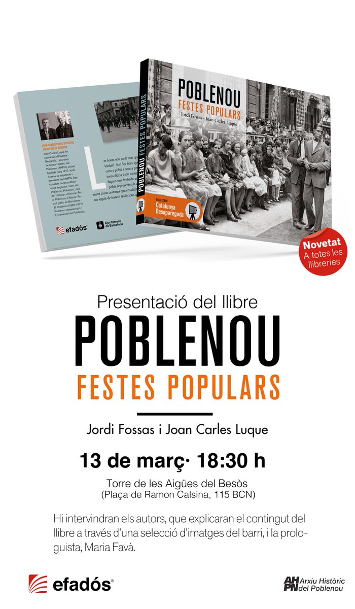 Presentació del llibre Poble Nou Festes Populars! 📅 13 de març - 18:30 📍Torre de les Aigües del Besòs (Plaça de Ramon Calsina 115)