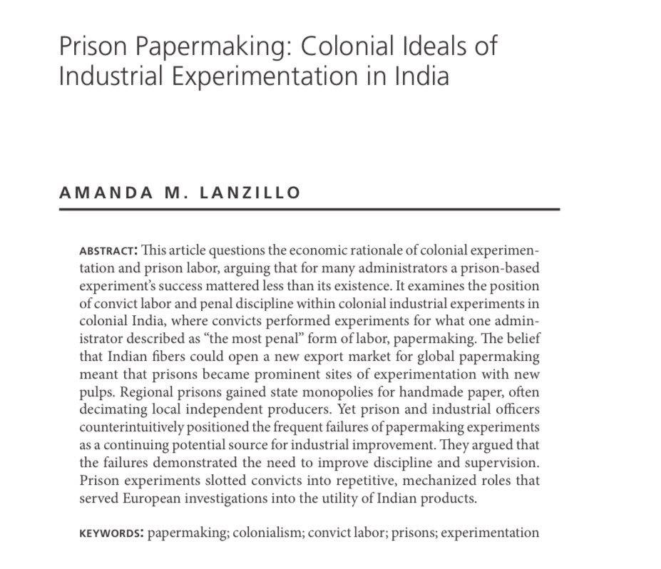 My latest article, in Technology & Culture, examines the role of convict laborers in colonial experiments with handmade paper production (especially new pulps) in 19th and early 20th c India. muse.jhu.edu/pub/1/article/…