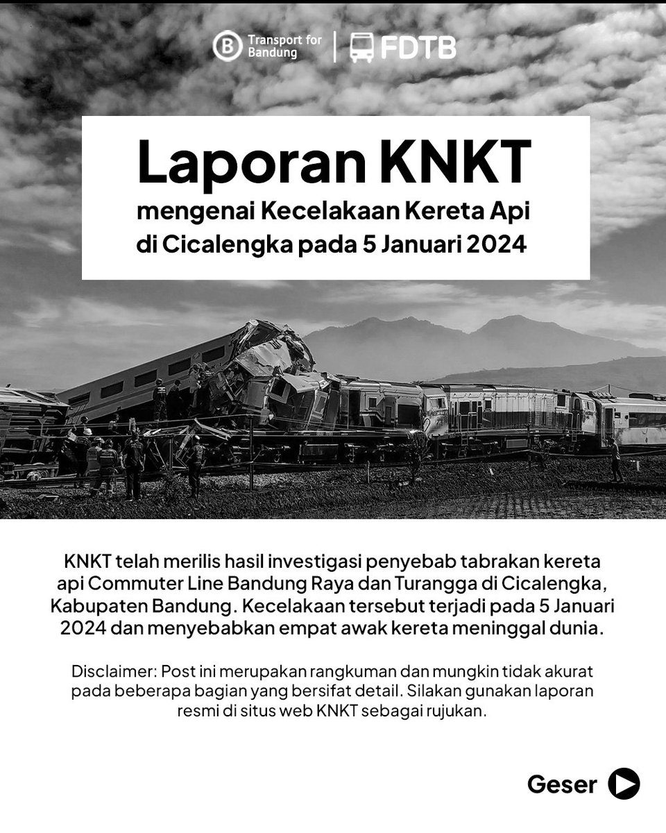 KNKT telah menerbitkan hasil investigasi kecelakaan antara KA Turangga dengan KA Commuter Line Bandung Raya yg terjadi Jumat, 5 Januari 2024 di petak antara Haurpugur - Cicalengka. Kami berusaha merangkum rilis tersebut secara ringkas dan dengan bahasa yang lebih mudah dipahami.