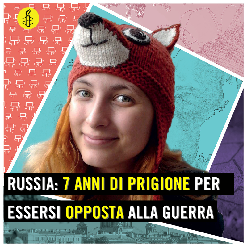 amnestyitalia's tweet photo. 🔴​ Russia: Ragazza condannata a 7 anni di prigione.

Aleksandra "Sasha" Skochilenko è un’artista russa finita in prigione per essersi opposta alla guerra in Ucraina.

Aiutaci a non lasciarla sola. Firma anche tu l'appello per chiedere la sua liberazione.