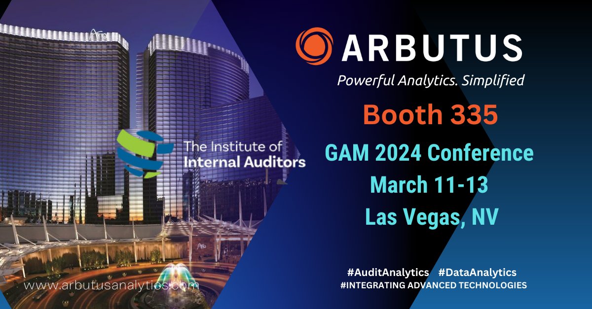 ArbutusSoftware's tweet image. We&apos;re excited to be attending the IIA GAM 2024 Conference in Las Vegas, NV March 11–13, 2024. If you&apos;re there, please stop by the Arbutus booth 335 and say hello! #AuditAnalytics #AuditTechnology #PredictiveAnalytics #AuditAutomation  #IIAGAM2024