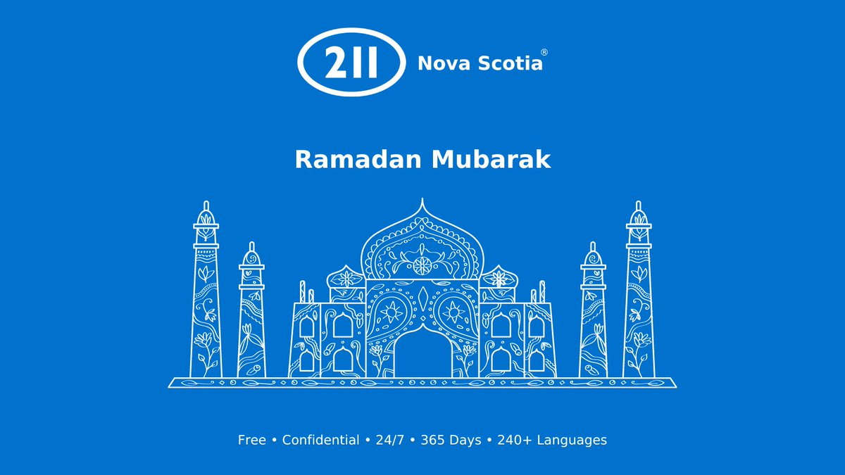 Wishing you a peaceful and happy Ramadan from the 211 Nova Scotia team. Please remember that 211 is accessible by phone 24/7. Call 211 to get connected to support.