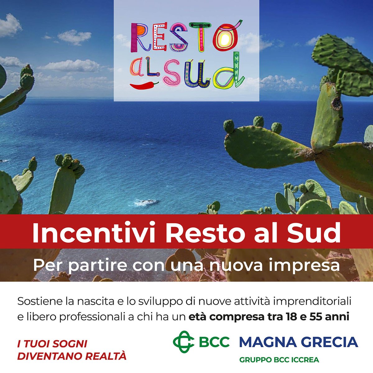 Per partire con una nuova impresa, accedi agli incentivi Resto al Sud! Sostengono la nascita e lo sviluppo di nuove attività imprenditoriali e libero professionali a chi ha un età compresa tra 18 e 55 anni. Contattaci hai sempre una consulenza in filiale bit.ly/3T4wnhA