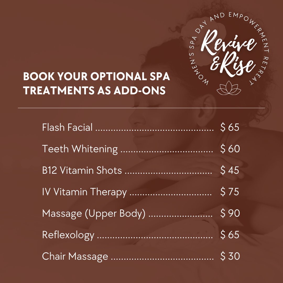 Secure your spot for FREE and explore our add-on treatments: tinyurl.com/ReviveAndRise

#SelfCare #SpaTreatments #EmpowermentRetreat #WomenEmpowerment #PamperYourself