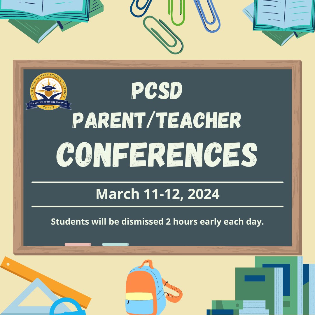 Don't forget! Students will be released 2 hours early today, Monday, March 11th and Tuesday, March 12th for Parent/Teacher Conferences!