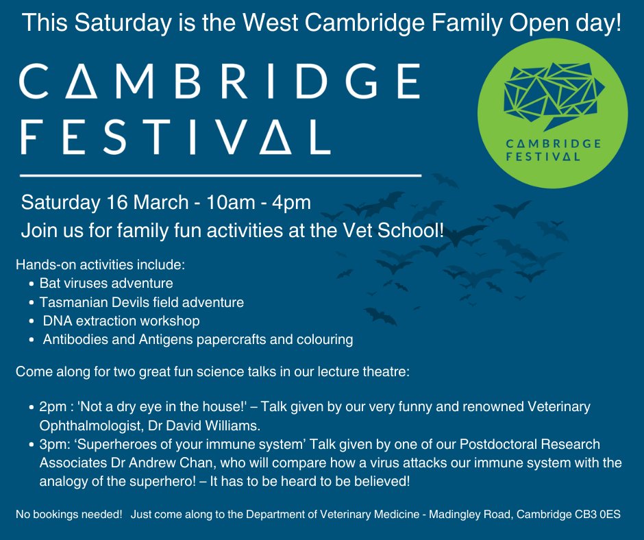 Calling all scientists - young and old! 📅Sat 16 March 📣West Cambridge Family Open Day #CambridgeFestival The Vet School is open 10am -4pm come explore and discover the exciting world of science! List of events 👇🏽 vet.cam.ac.uk/news/get-hands…