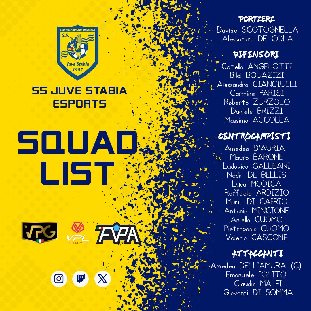 S.S. Juve Stabia eSports (@ssjuvestabiaesp) on Twitter photo ๐S.S.Juve Stabi E-Sports๐
Siamo lieti di presentare la squadra ufficiale E-Sports della <a href="/ssjuvestabiaspa/">S.S. Juve Stabia 1907</a>
Guidata dal capitano <a href="/AMEDEO10STABIES/">Amedeo Dell'Amura</a> e il vice @X_DiabloWasp_X.
Un gruppo pronto a conquistare il campo con passione e determinazione.
Avanti Vespe.๐๐ ๐S.S.Juve Stabi E-Sports๐
Siamo lieti di presentare la squadra ufficiale E-Sports della <a href="/ssjuvestabiaspa/">S.S. Juve Stabia 1907</a>
Guidata dal capitano <a href="/AMEDEO10STABIES/">Amedeo Dell'Amura</a> e il vice @X_DiabloWasp_X.
Un gruppo pronto a conquistare il campo con passione e determinazione.
Avanti Vespe.๐๐