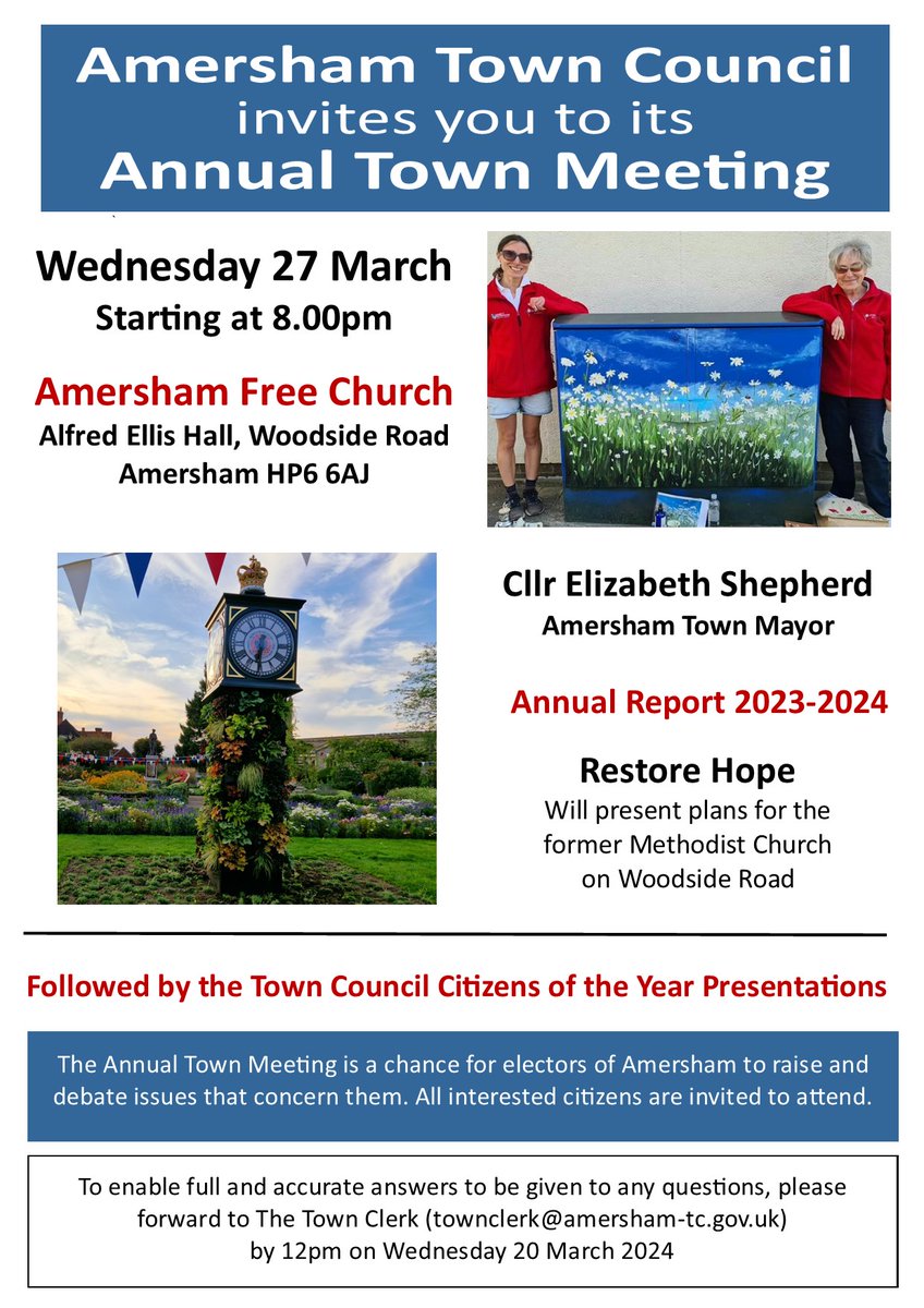 Join us for the Annual Meeting Of The Town! 

On Wednesday 27 Mar at 8pm at the Amersham Free Church, Mayor Cllr Elizabeth Shepherd will be reviewing some of the highlights from the last year, as well as presenting the Citizen of the Year Awards 2024.

#Amersham