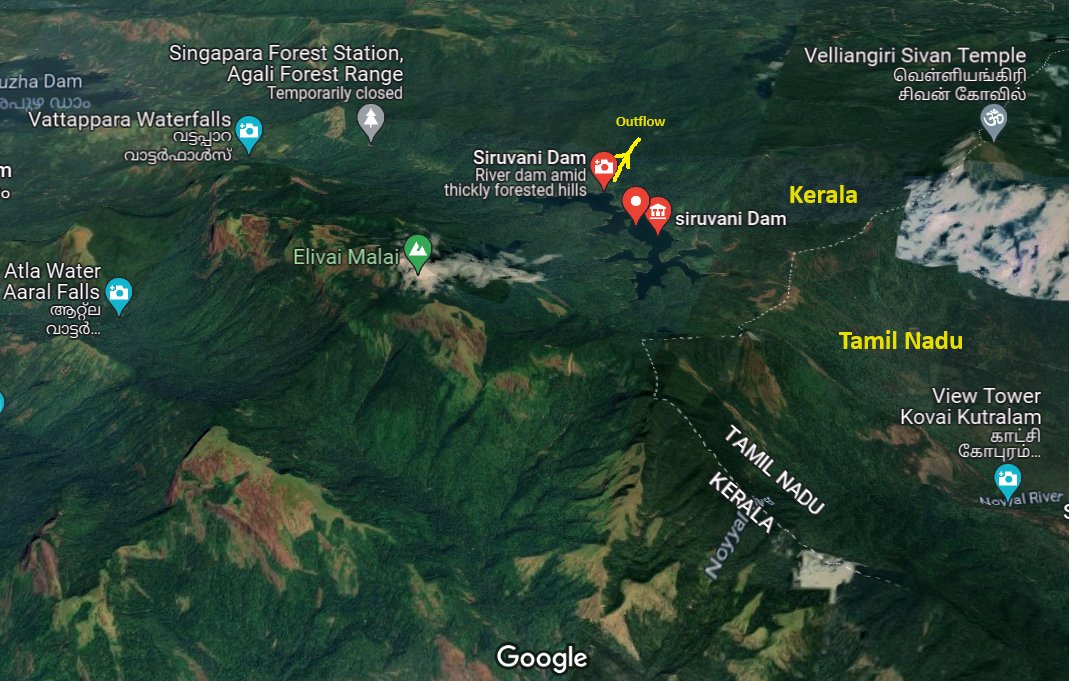 TNGeography's tweet photo. This thread about drinking water sources of Coimbatore City. Let us start with 1973 agreement btw KL &amp; TN on building 0.65 TMC Siruvani dam inside KL to supply ~101 MLD(million liter a day,~1.3TMC) water to Coimbatore, 5cusec to river. Siruvani starts &amp; join Bhavani inside KL 1/n https://t.co/hp90NXrTRx