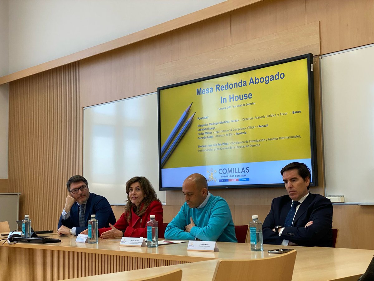 Comillas_OPE's tweet photo. El pasado miércoles organizamos la Mesa Redonda Abogado In House, con el objetivo abordar los matices entre el desarrollo de la carrera profesional en una Firma y en una Asesoría Jurídica de Empresa.

Agradecer la participación de Margarita Madrigal, 
Gerardo Codes y Carlos Menor https://t.co/NrbE5IE7IA