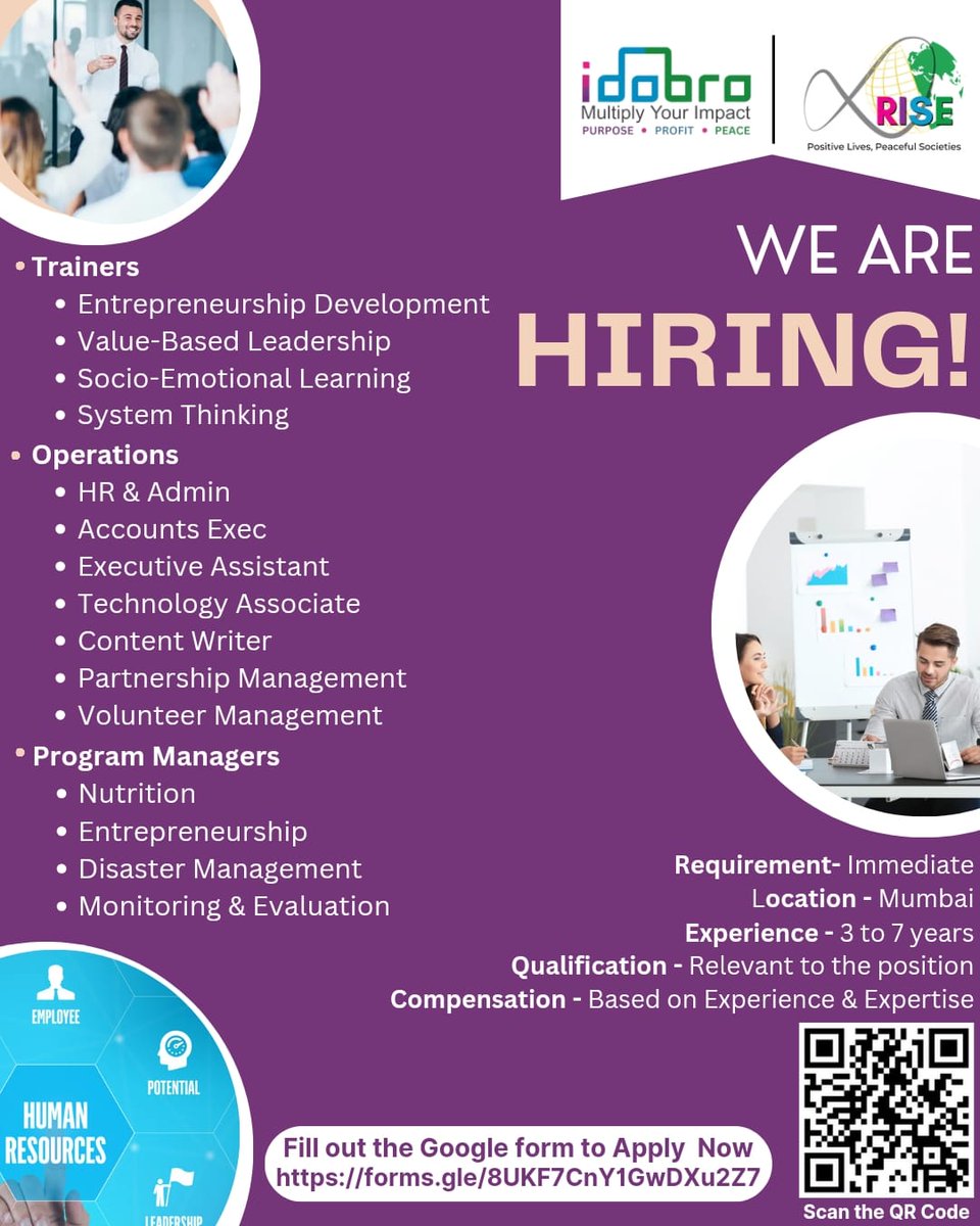 IdobroImpact's tweet photo. Passionate about making an impact? We're looking for:
   - 🎓 Trainers
   - 🏢 Program Manager 
   - 📊 Operations 

   Ready to start now, with 3-7 years of experience, based in Mumbai. Sign up here: https://t.co/FvSgehLoAA #CareerOpportunity https://t.co/FIXdvImDqx