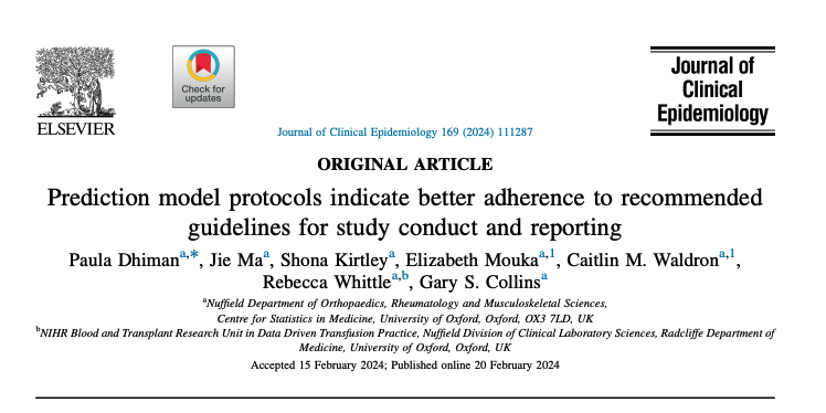 NEW #OpenAccess paper (led by @pauladhiman) in @JClinEpi 'Prediction model protocols indicate better adherence to recommended guidelines for study conduct and reporting' sciencedirect.com/science/articl… Findings will feed into TRIPOD-P (guidance for protocols) nature.com/articles/s4225…