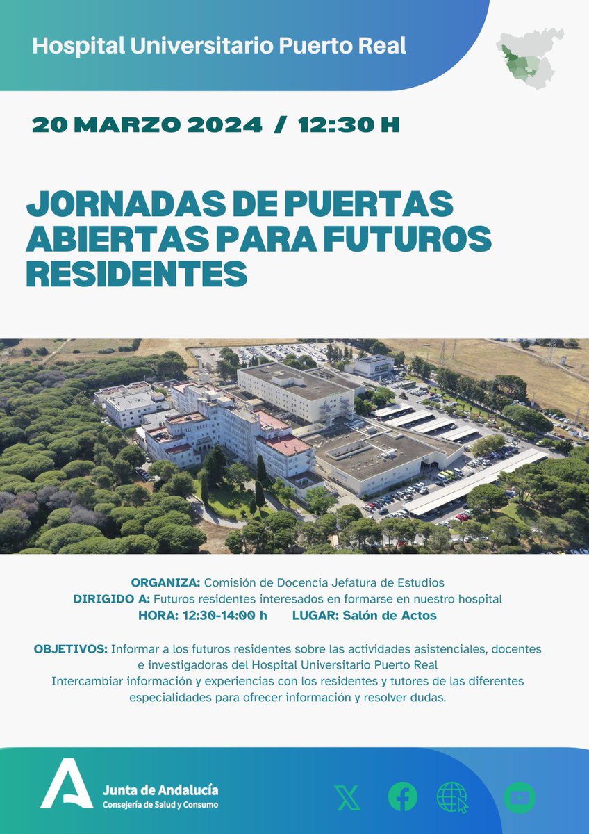 El Hospital Universitario Puerto Real abre sus puertas a los futuros residentes.
Si quieres informarte mejor, acude el 20 de marzo, a las 12.30h, a sus jornadas de puertas abiertas en el Salón de Actos.