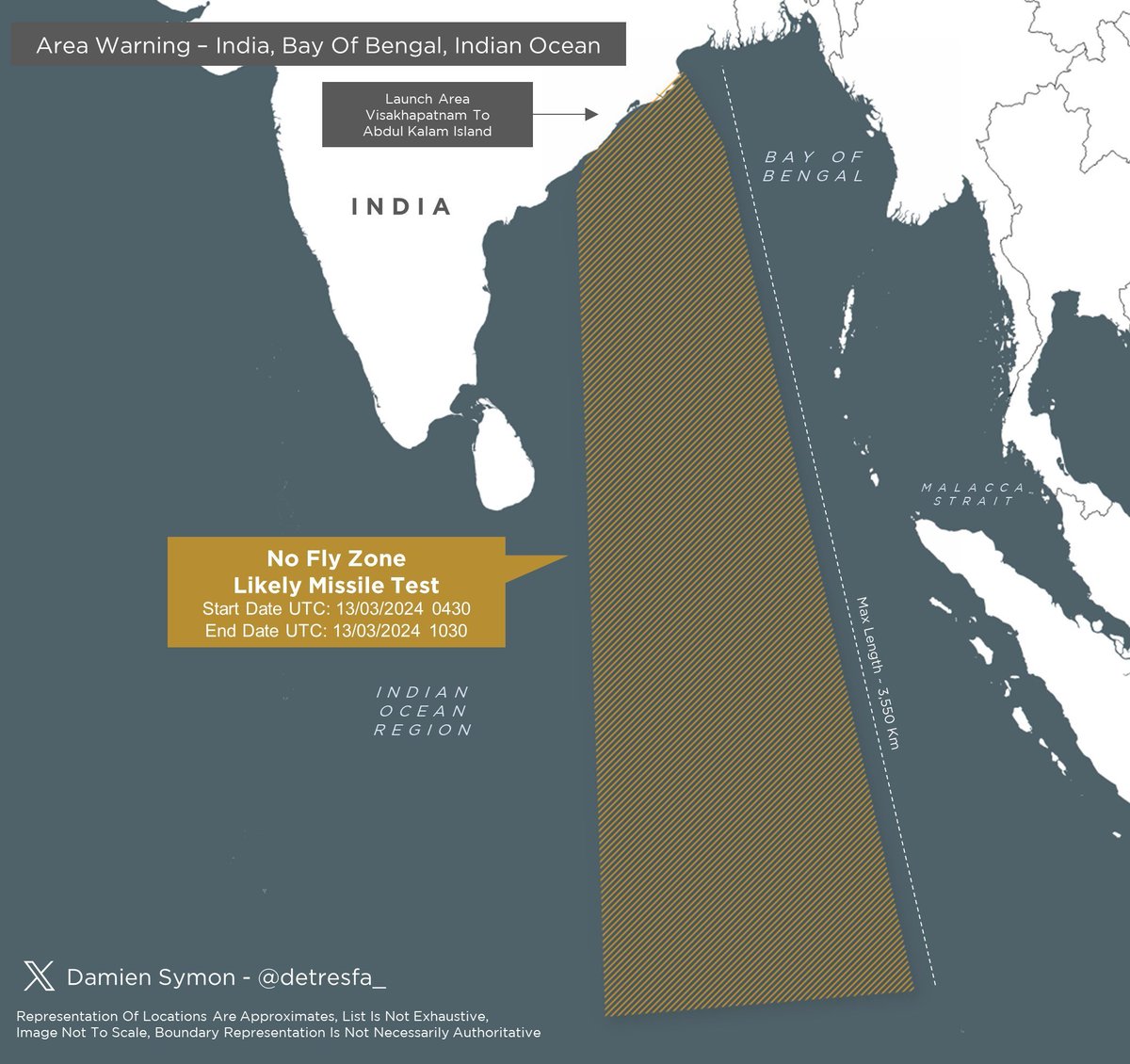 🚨🚨🚨 #AreaWarning #India issues a notification for a very large no fly zone over the Bay Of Bengal & Indian Ocean Region indicative of a likely missile test .
#DRDO
#Divyastra 
#NarendraModi 
#Agni   

Date | 13 March 24

One more AGNI-5 OR NEW VERSION....?

Source -@detresfa_