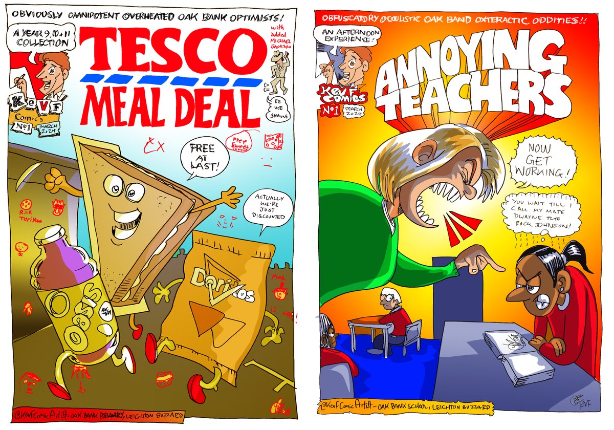 Annoying Teachers + Tesco Meal Deal - comics produced with pupils at @OakBankSchool in Leighton Buzzard in my #ComicArtMasterclass day for #WorldBookWeek Coming up this week: Tavistock, Leamington Spa, & Taunton