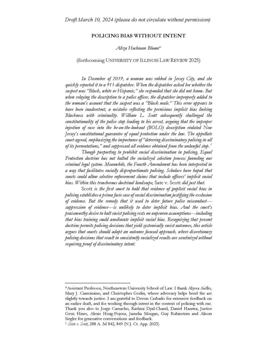 Aliza Hochman Bloom (@ahochmanbloom) on Twitter photo A longer article, Policing Bias Without Intent, which focuses on the problem of proving intent in racialized policing, is forthcoming in <a href="/IllinoisLR/">Illinois Law Review</a>, and available on SSRN: bit.ly/3wLto6m. Thank you to all who have provided great feedback! A longer article, Policing Bias Without Intent, which focuses on the problem of proving intent in racialized policing, is forthcoming in <a href="/IllinoisLR/">Illinois Law Review</a>, and available on SSRN: bit.ly/3wLto6m. Thank you to all who have provided great feedback!
