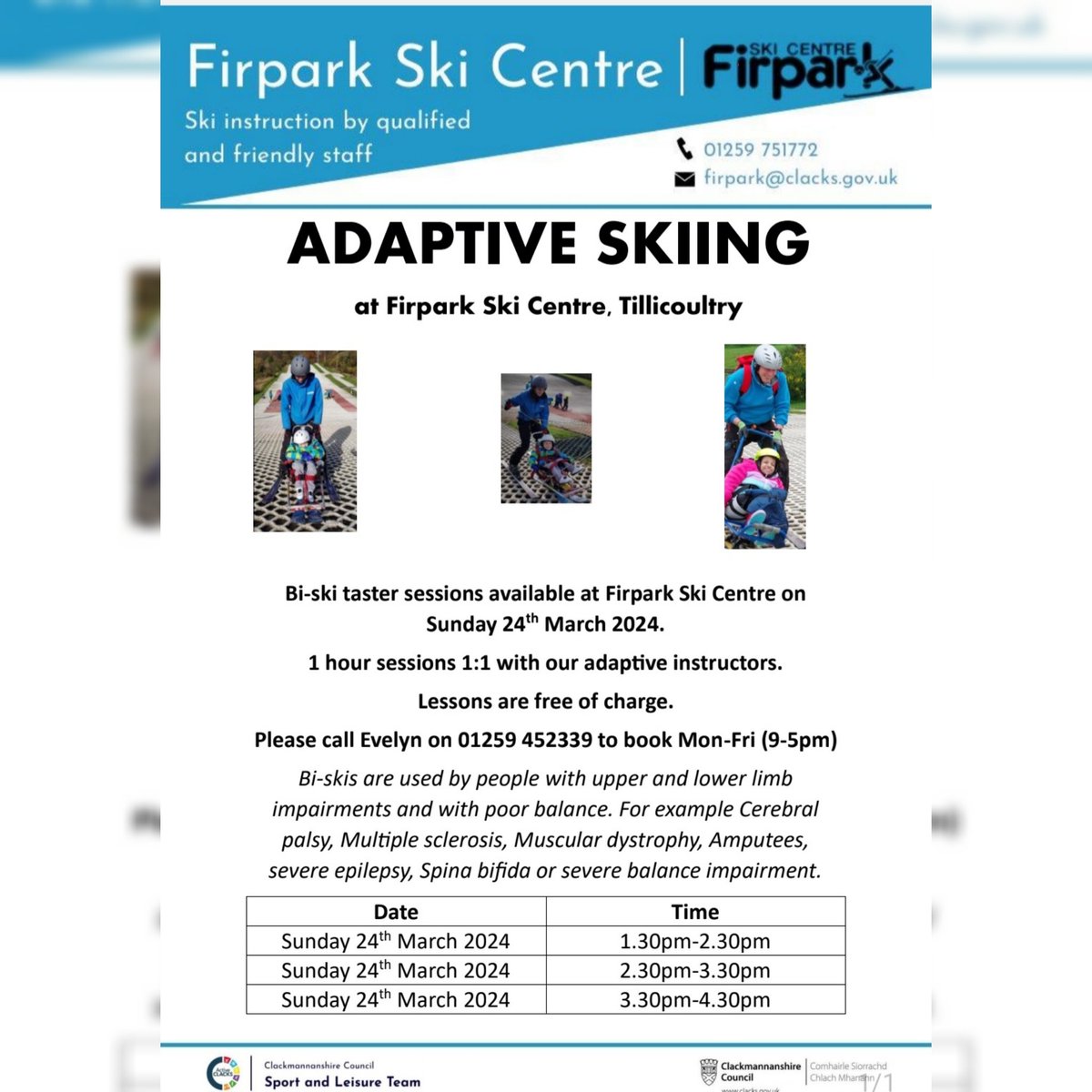 We are now able to offer further come-and-try sessions for customers requiring our adaptive bi-ski. Sessions take place on Sunday 24th March. Details are below. Please call Evelyn on 01259 452339 (Mon-Fri 9-5pm) to book. ⛷️⛷️