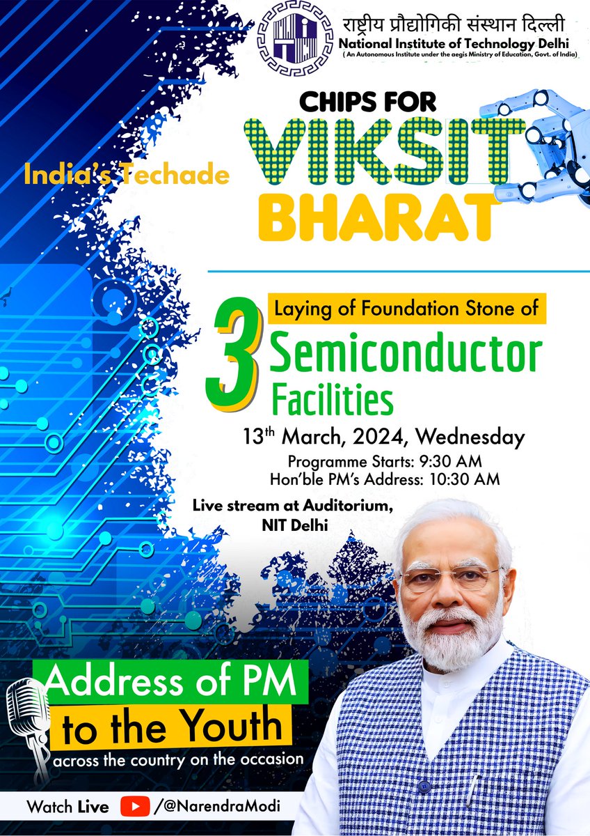 NIT Delhi will join through live streaming in foundation stone laying ceremony by Hon’ble Prime Minister Shri @narendramodi for three #semiconductor facilities in India on 13 March,2024. For more info: facebook.com/share/p/8EKpAs… @PMOIndia @EduMinOfIndia @PIB_India @directornitd