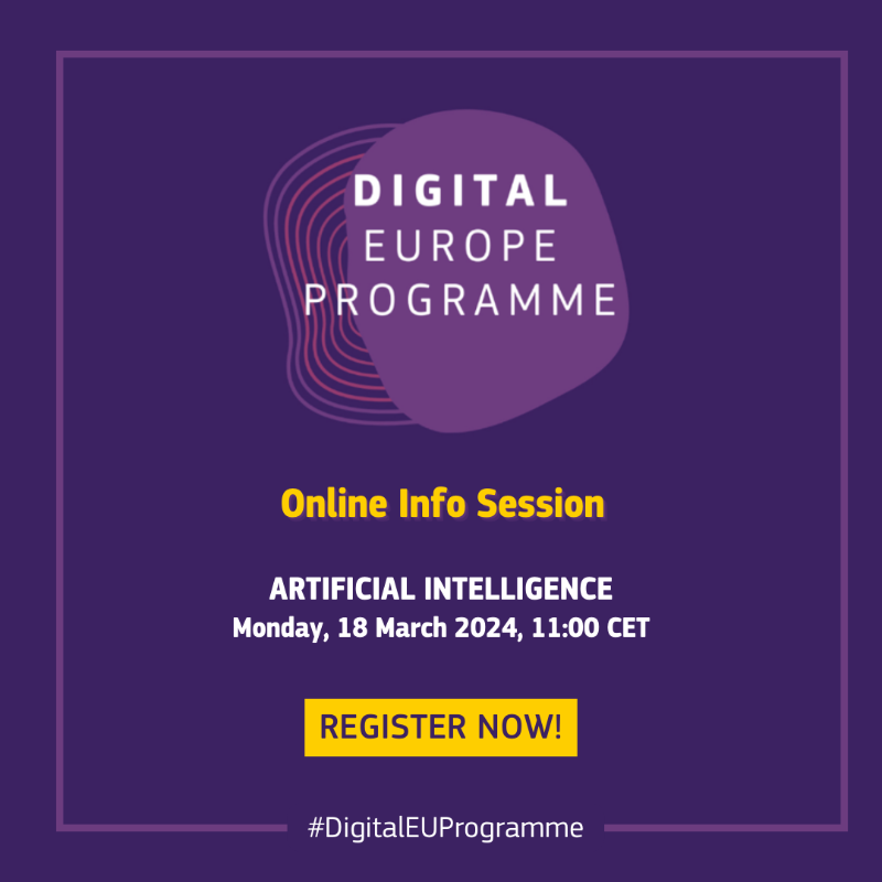 DigitalEU's tweet photo. 🗓️ One week to go until our next webinar under the #DigitalEUProgramme!

Would you like to know more on the latest calls for proposals in the area of #AI?

Follow our webinar on 18 March to learn more about AI funding opportunities, the application process &amp; more.

Register ⬇️